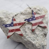 Wood Patriotic Americana Red White Blue Stars Dangle Earrings