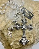 Silver Crystal Cross Charm Necklace | Crystal Stone & Bead Detail
