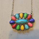 Oval Multicolor Stone Flower Necklace Earring Set