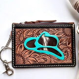 Cowboy Hat Western Cowhide Tooled Leather Keychain Wallet Turquoise Outline