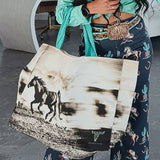 Desert Horse Print Canvas Tote Bag — Oversized Western Style