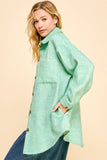 Textured Chest Pocket Button Front Jacket Shacket Mint Green