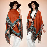 Southwest Western Aztec Border Ruana Wrap Shawl Rust