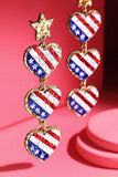 USA Flag Glitter Heart Dangle Earrings | 3-Tier Drop