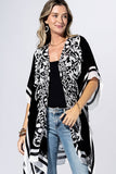 Coal Black & White Damask Floral Open-Front Kimono