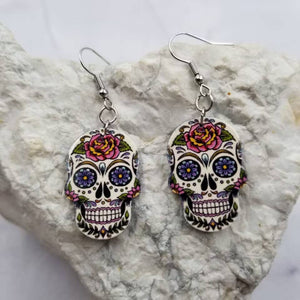 Gothic Flower Sugar Skull Earrings Halloween