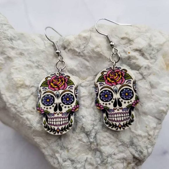 Gothic Flower Sugar Skull Earrings Halloween