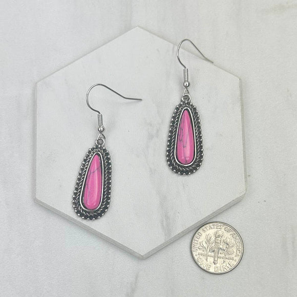 Silver with Hot Pink Stone Western Teardrop Earrings