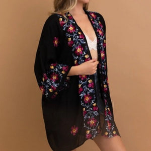 Lightweight Boho Festival Floral Embroidered Anemone Kimono Black