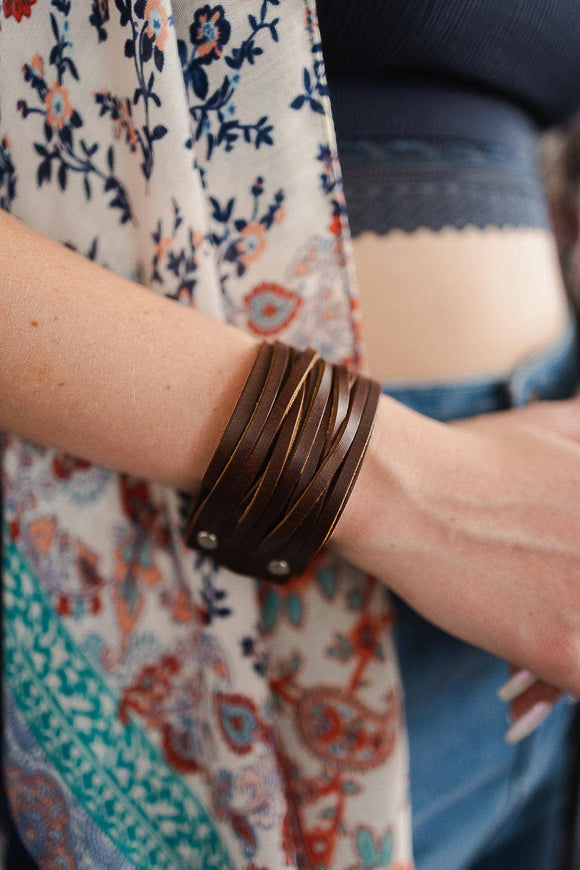 Boho Braided Leather Wide Wrap Adjustable Snap Cuff Bracelet Brown