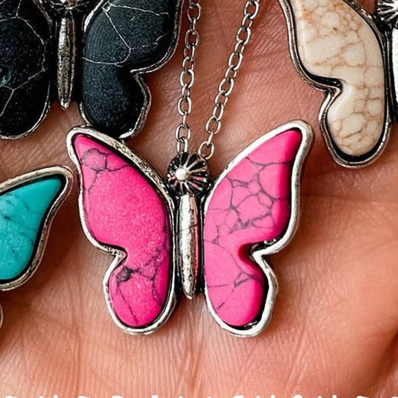 Butterfly Stone Pendant Western Choker Necklace Fuchsia Hot Pink