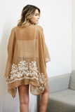 Lightweight Floral Embroidered Tassels Boho Festival Kimono Wrap Mocha