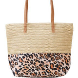 Woven Straw & Leopard Print Tote Bag in Beige