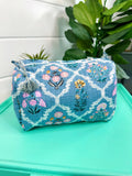 Quilted Makeup Cosmetic Bag Blue Wildflowers