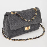 Quilted Denim Shoulder Bag Chain Strap Black