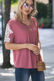 Lace Sleeve Detailed V Neck Pocket Top Mauve