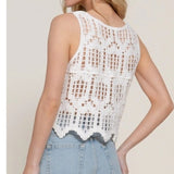 Sleeveless Round Neck Cotton Crochet Crop Tank Top White