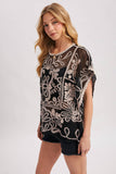 Embroidered Mesh Crochet Top - Black with Ivory Detail