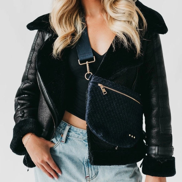 Vegan Suede Navy Blue Woven Crossbody Bag