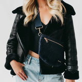 Vegan Suede Navy Blue Woven Crossbody Bag