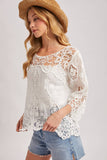 Boho Sheer Crochet Top - 3/4 Sleeve Lace Blouse Ivory