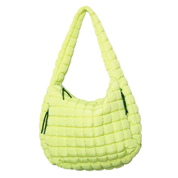 Lime Yellow Oversized Slouchy Quilted Puffer Puffy Hobo Tote Bag