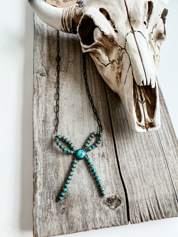 Western Navajo Bead Bow Chain Necklace Copper Silver Turquoise