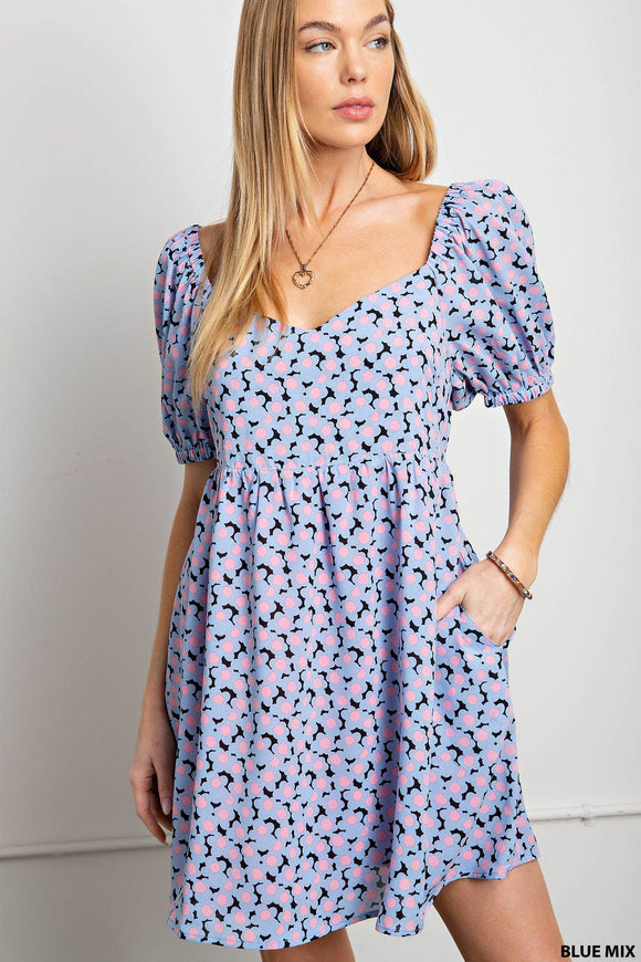 Allover Daisy Soft Printed Puff Sleeve Babydoll Back Tied Dress