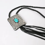 Black Turquoise Concho Western Braided Leather Fringe Necklace