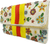 Jute Clutch with Beaded Flowers & Yellow/Red Stripe