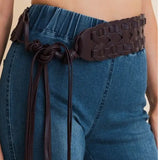 Wide Woven Vegan Leather Belt - Dark Brown Tie-Up Waist Belt