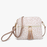 Nude Cheetah Print Crossbody Wristlet Front Zip Pocket Tassels