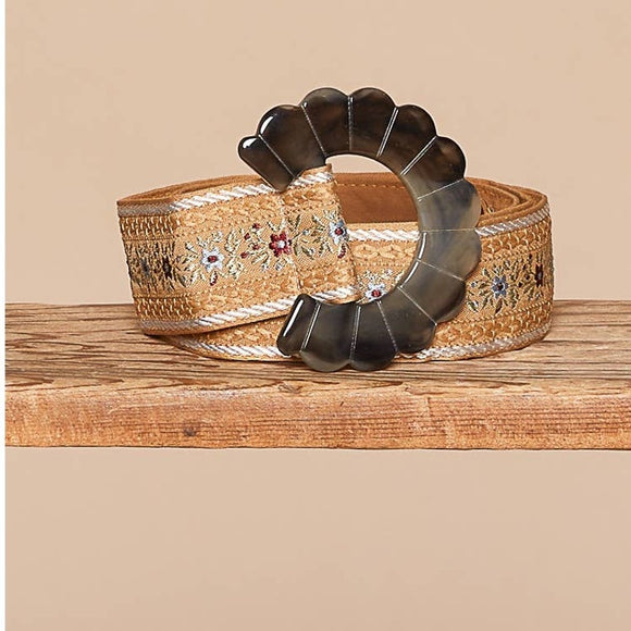 Boho Mocha Tan Floral pattern Belt with Silver Scallop Buckle