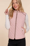 Suede Piping Detail Knit Rib Sides Quilted Padding Vest Blush Pink