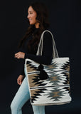 Cream Black Gray Leather Wool Cotton Aztec Western Southwestern Large Tote