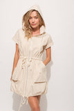 Short Sleeve Drawstring Hooded Mini Dress Almond