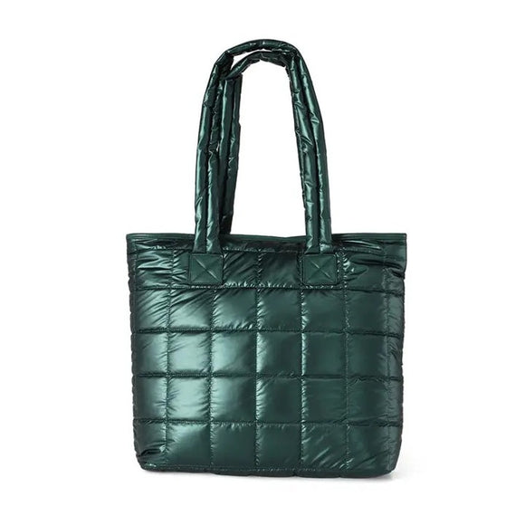 Forest Green Nylon Puffer Puffy Quilt Tote Bag