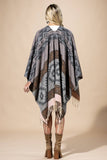 Aztec Leopard Print Fringe Ruana | Cozy Wrap | Gray