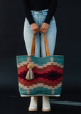 Cotton Wool Woven Teal Burgundy Tan Western Southwestern Aztec Tote