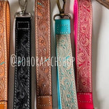 Hand Tooled Leather Wristlet Keychain Key Fob Skinny Turquoise