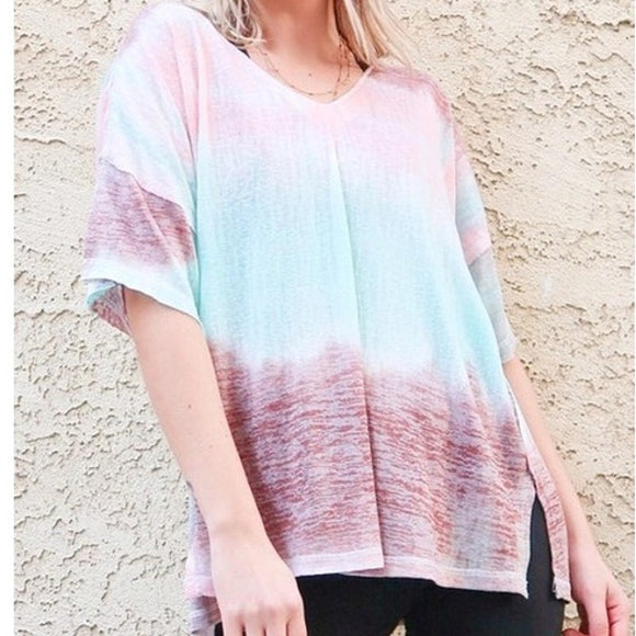 Cotton Blend Tie Dye V Neck Distressed Casual Top Pink Purple Blue White