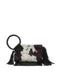 Black Western Fringe Vegan Cowhide Ring Clutch | Boho Tassel Clutch Bag