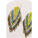 Heritage Feather Beaded Fringe Earrings in Blue, White & Green