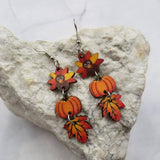 Turkey Pumpkin Maple Leaf Fall Wood Dangle Earrings