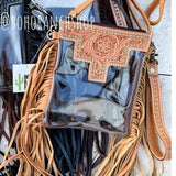 Shayne Small Hand Tooled Fringe Clear Crossbody Concert Stadium Bag Tan