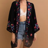 Lightweight Boho Festival Floral Embroidered Anemone Kimono Black