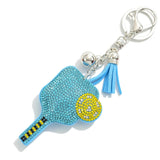 Blue Rhinestone Studded Puffer Pickleball Racket Keyring With Tassel