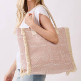 Boho Geometric Elephant Print Fringe Tote Bag in Dusty Pink