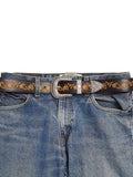 Vintage Hand-Painted Tooled Belt | Silver Buckle Set | Leatherette | Western