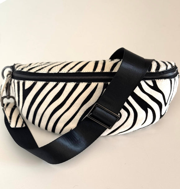 Zebra Print Hair on Hide Leather Sling Bag Crossbody